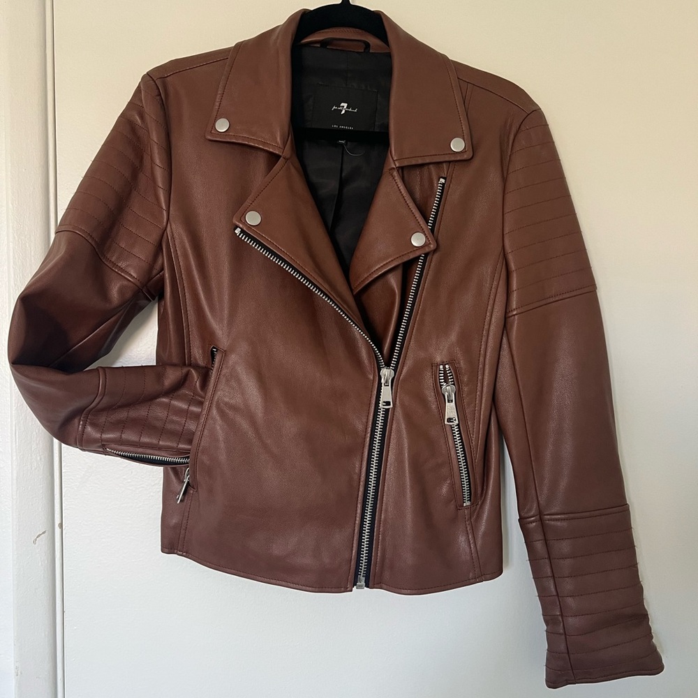 7 For All Mankind Women’s faux leather moto jacket, brown, small